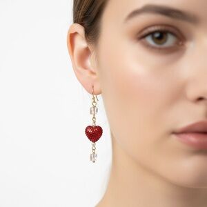 Handmade Red Pavé Heart Drop Earrings Gold Tone Crystal Beads